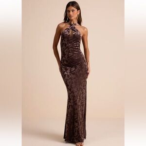 Lulus Sharon Brown Velvet Burnout Halter Maxi Dress